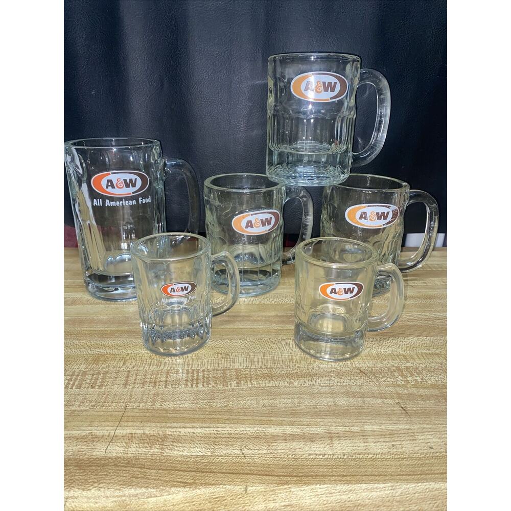 Vintage Set 6 A&W Root Beer Heavy Dimpled Glass Mug 6" & 4.5” & 3” AW 1970s